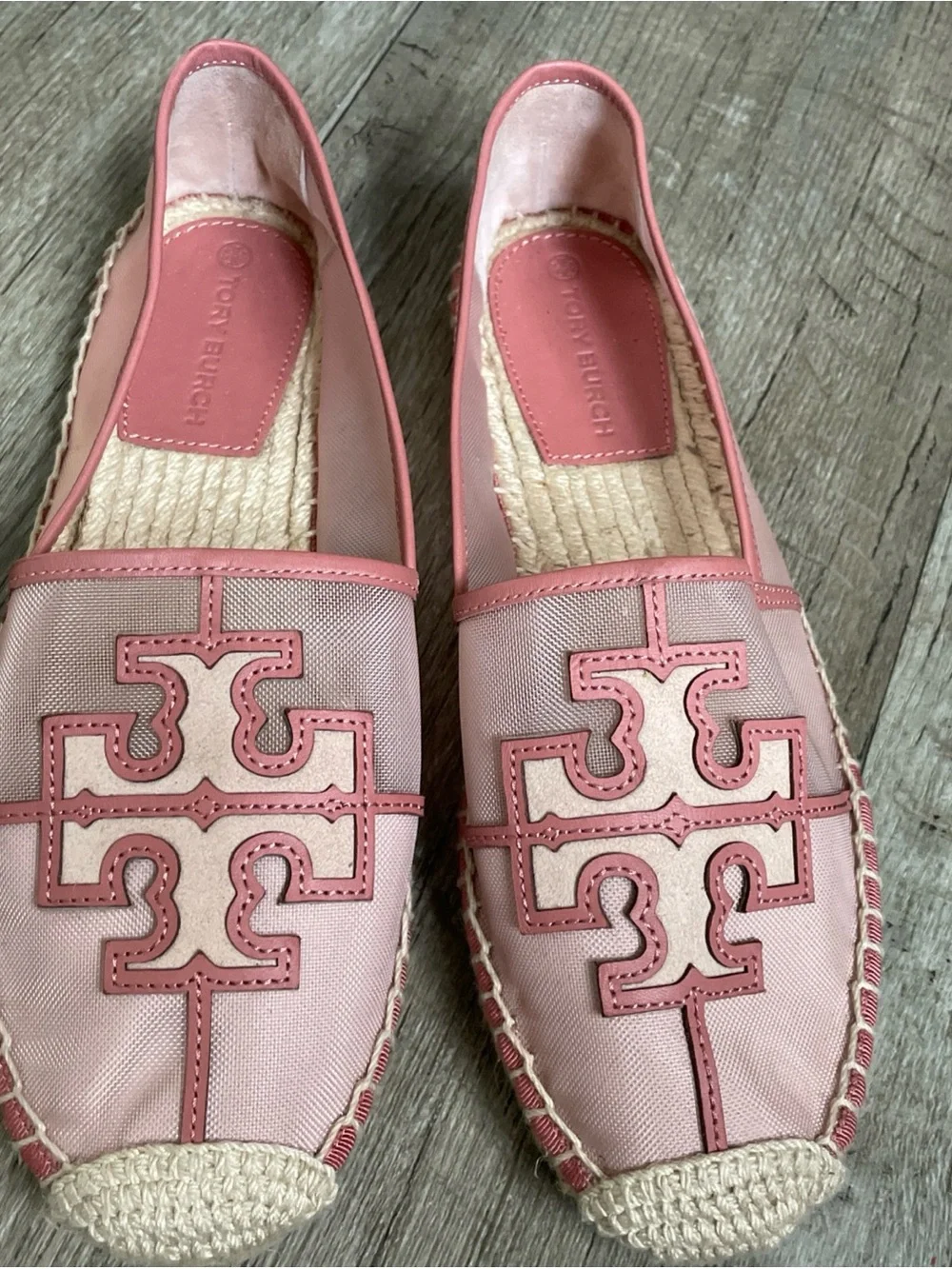 Tory Burch Ines Espadrille Mesh/Calf Leather/Silk Suede in Seashell Pink US 8